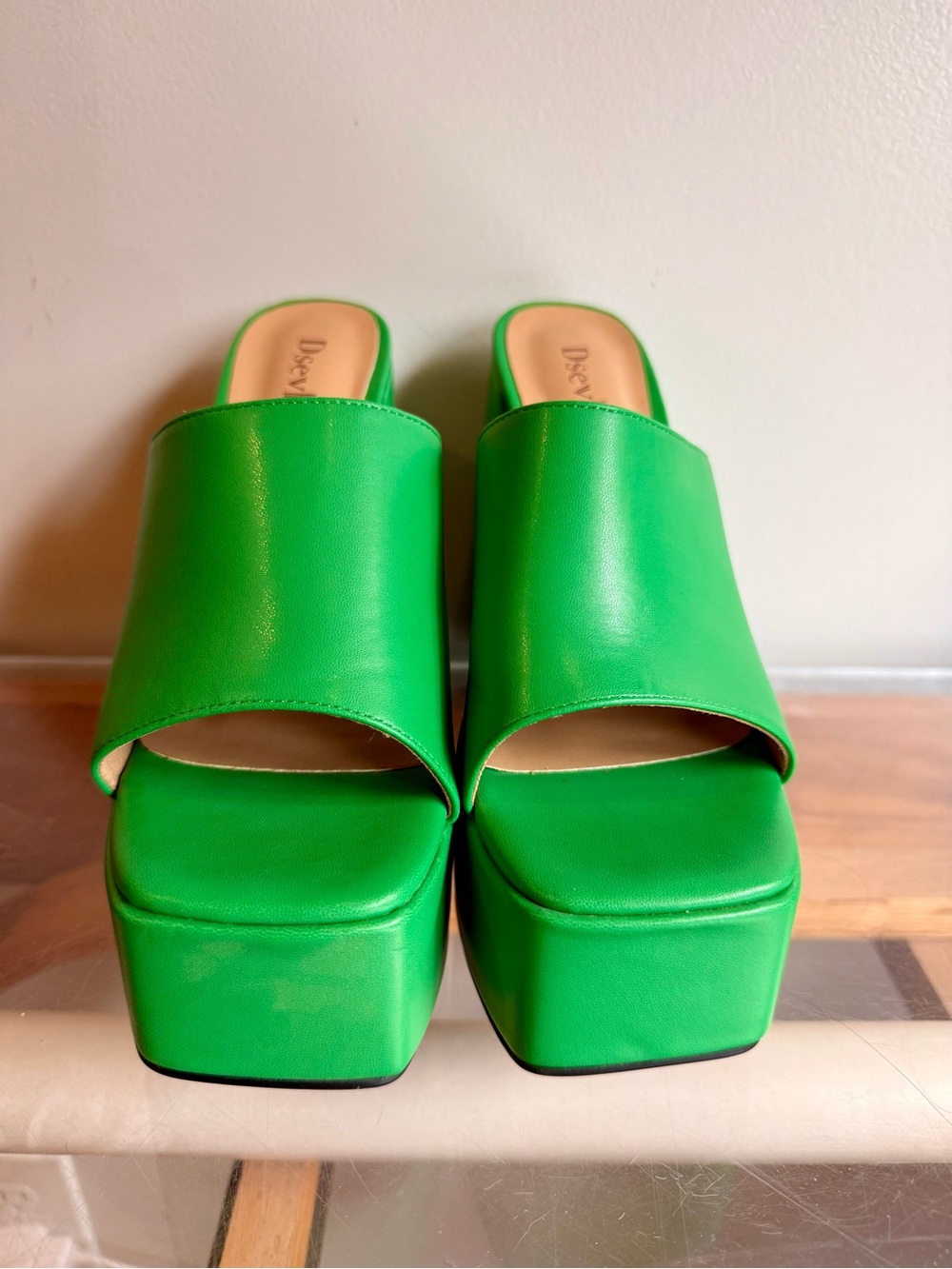 Dsevhlt Green Chunky Platform Heels Square Toe Y2K